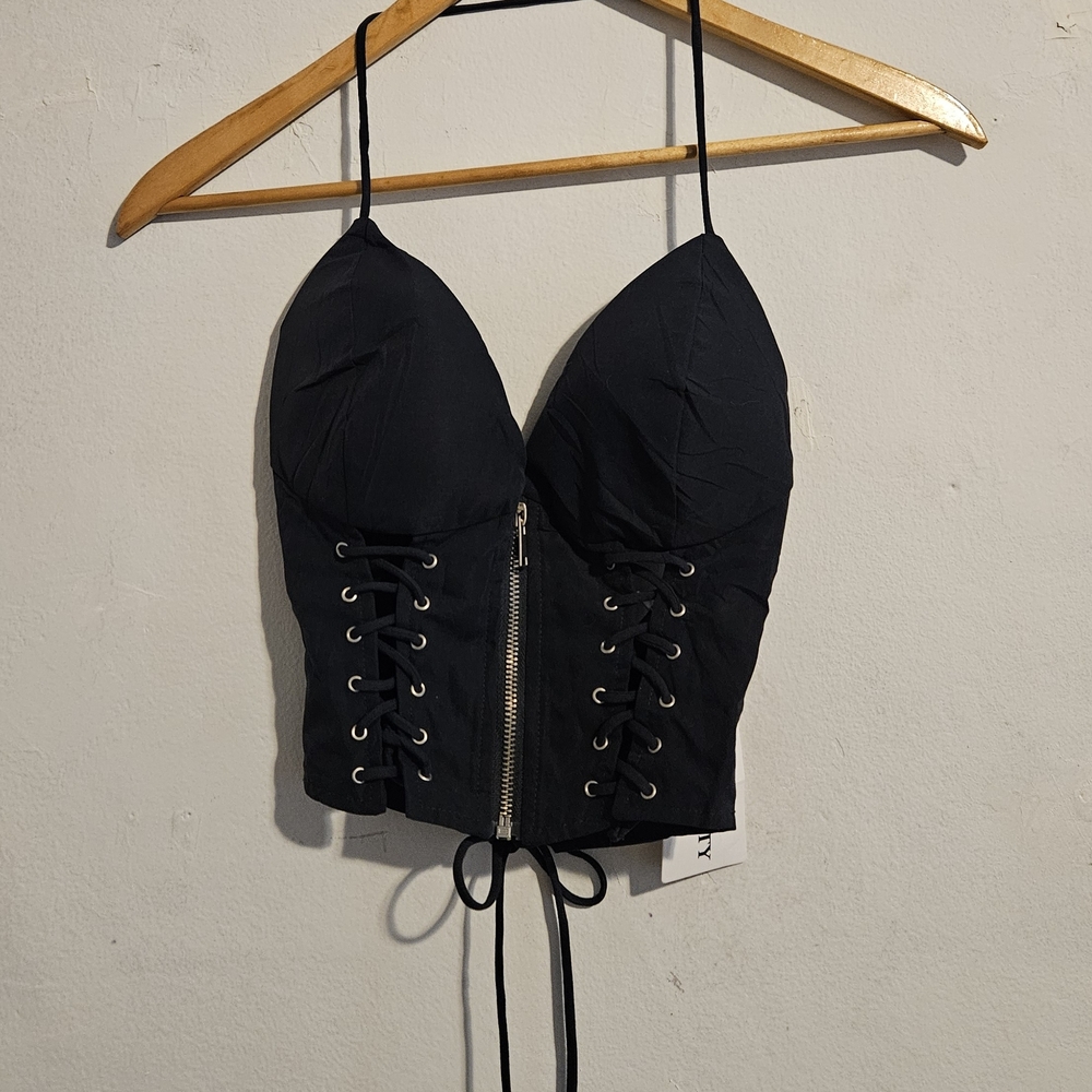 NWT Sister Party Corset Top. Black Lace-Up with Front Zip XXS